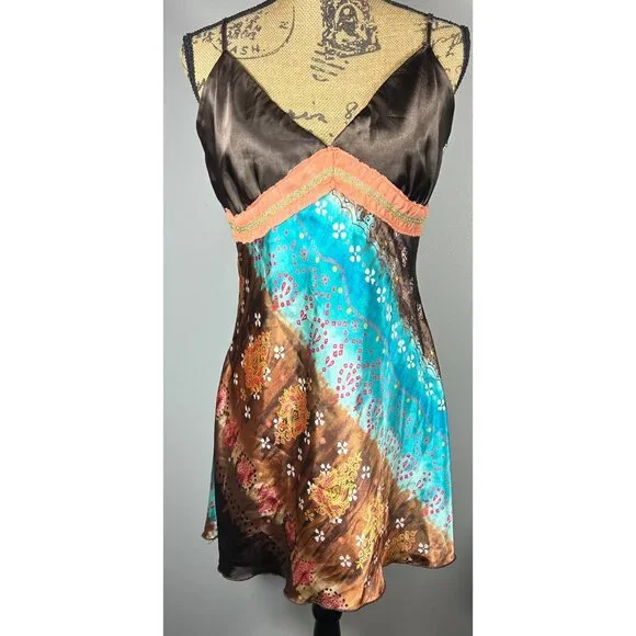 Y2K Satin Slip Dress XL Babydoll Boho Print Adjustable Straps Festival - Picture 1 of 10